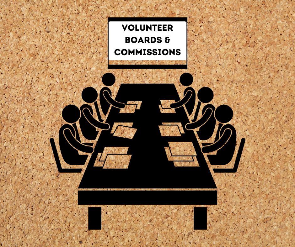 Corkboard with meeting stick figures and text Volunteer Boards and Commissions
